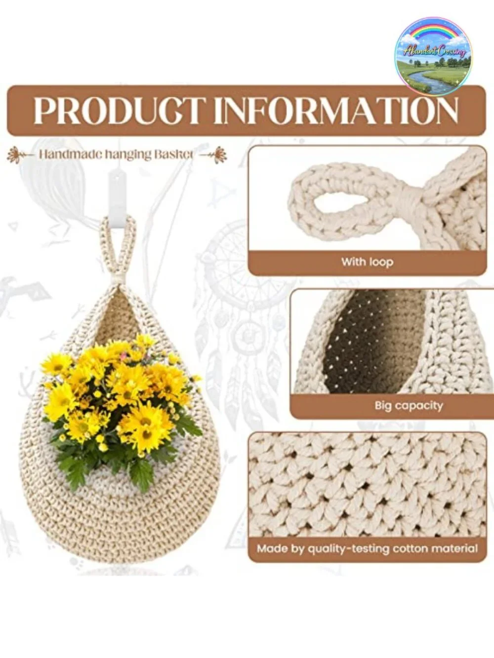 Handwoven Boho Hanging Fruit Basket Set of 3 with Hooks for Kitchen Storage